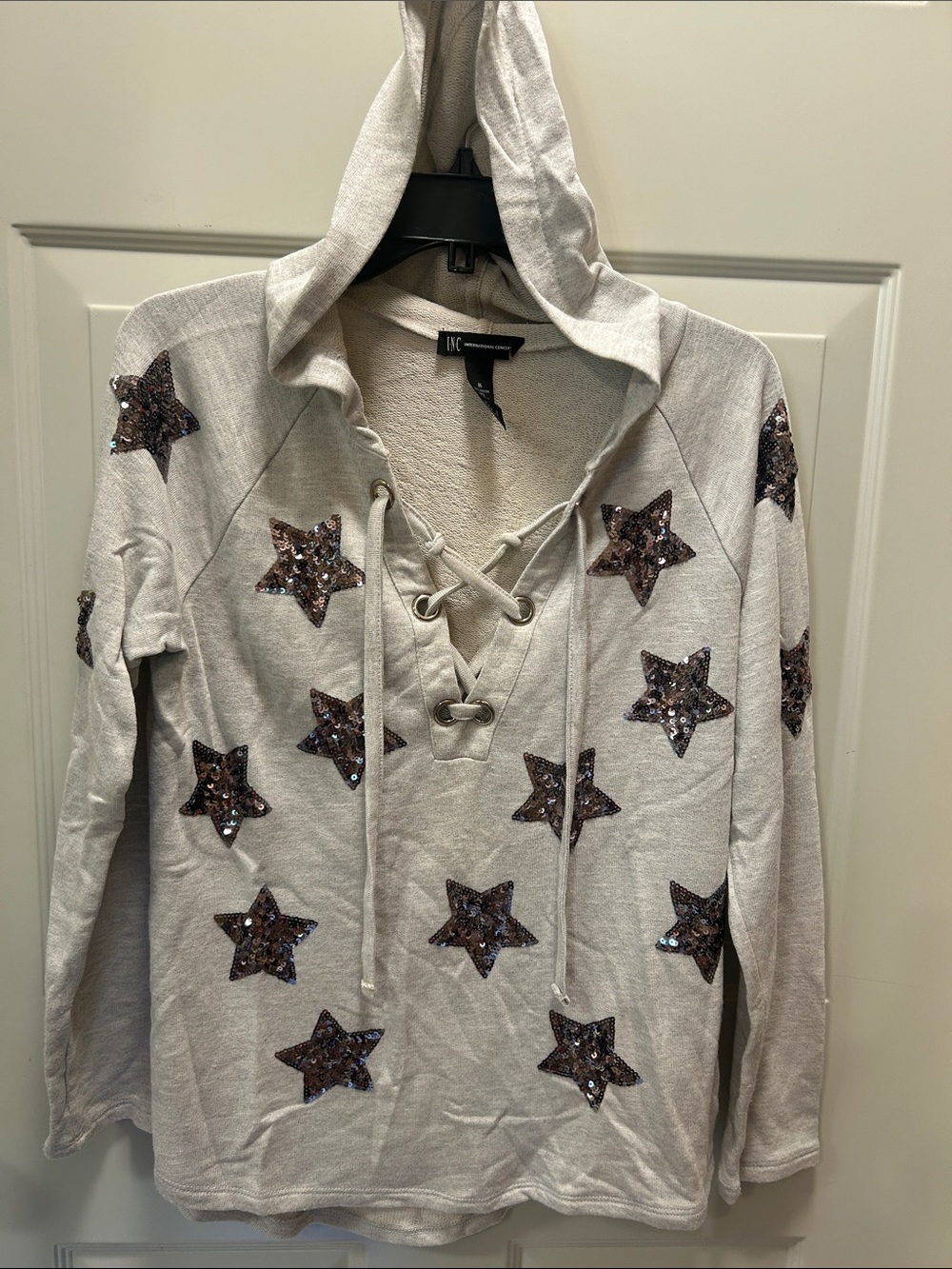 INC International Concepts Light Gray Lace-Up Hoodie with Sequin Star Patches